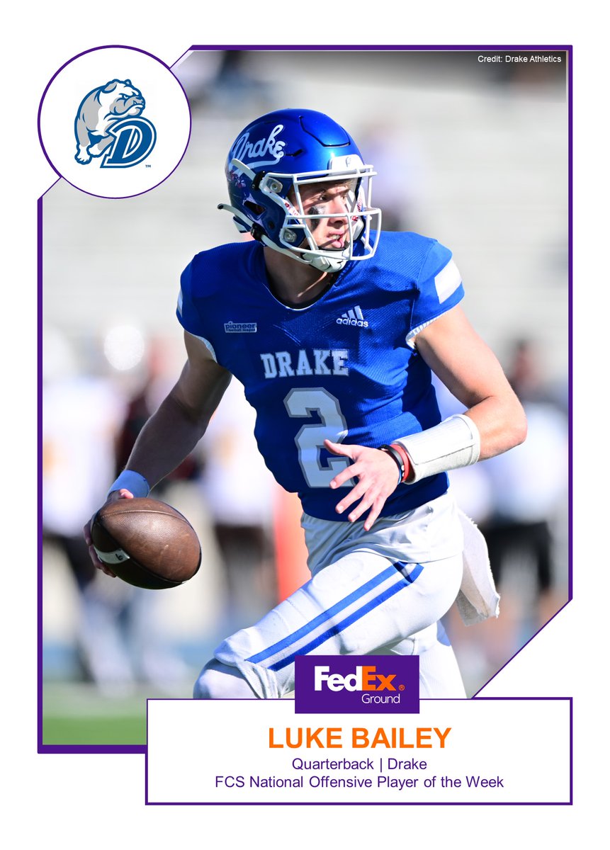 FedEx Ground FCS National Offensive Player of the Week           

Congratulations to Drake QB Luke Bailey. 
 
Story: tinyurl.com/34wt37z7

#TeamFedEx #FedEx