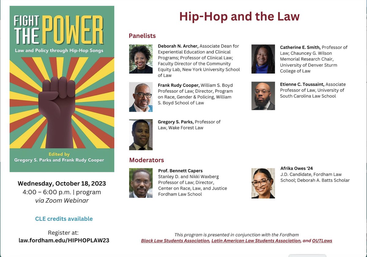 Hip-hop and the law @FordhamRaceLaw ! I may even pull out my turntables and do some scratching. This Wednesday, CLE credit available, with West Coast and East Coast represented. Featuring @DeborahNArcher @BlackJDPhD @EtienneT_Esq and more!