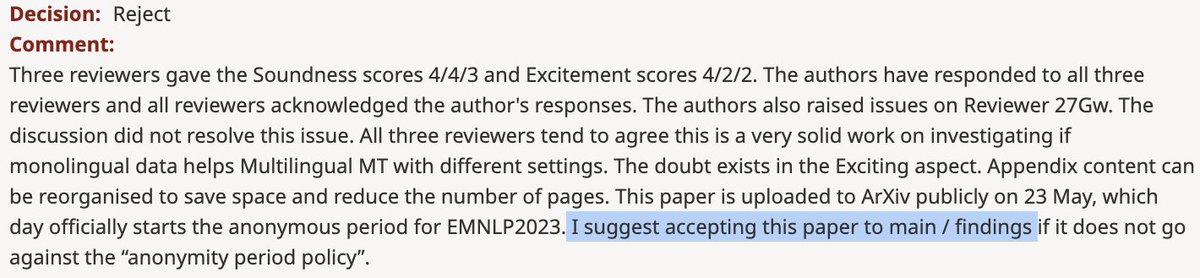 Rejections are part of research (and life), but this year's @emnlpmeeting review process is very disappointing. Our paper was rejected despite the meta-review explicitly proposing acceptance. #emnlp2023