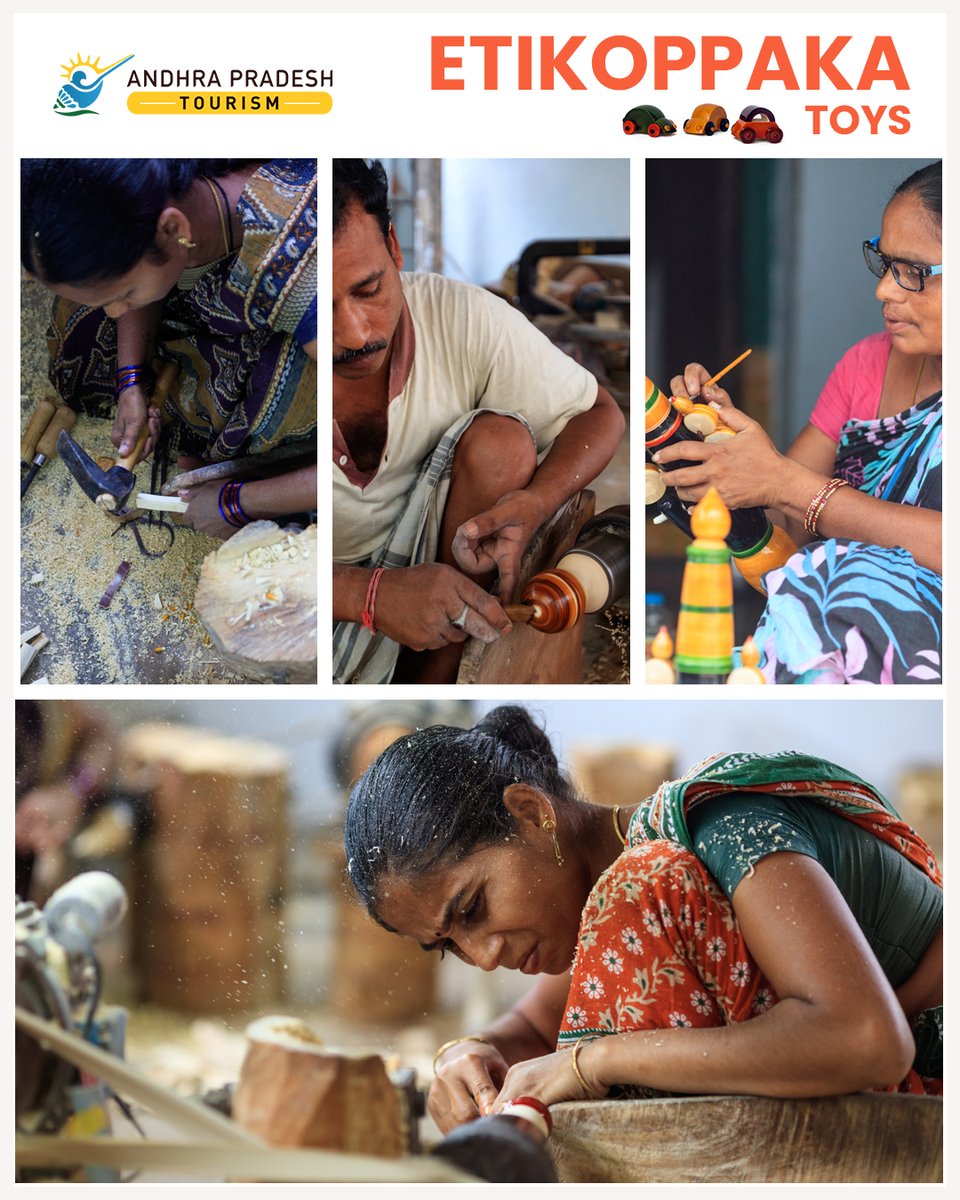 Tourism_AP's tweet photo. Discover the vibrant world of Etikoppaka toys in Visakhapatnam!  These handcrafted treasures are a testament to the rich cultural heritage of AP. Using traditional techniques, skilled artisans bring life to these eco-friendly wooden wonders. @GVMC_VISAKHA @MinOfCultureGoI https://t.co/CkDFZQxJS6