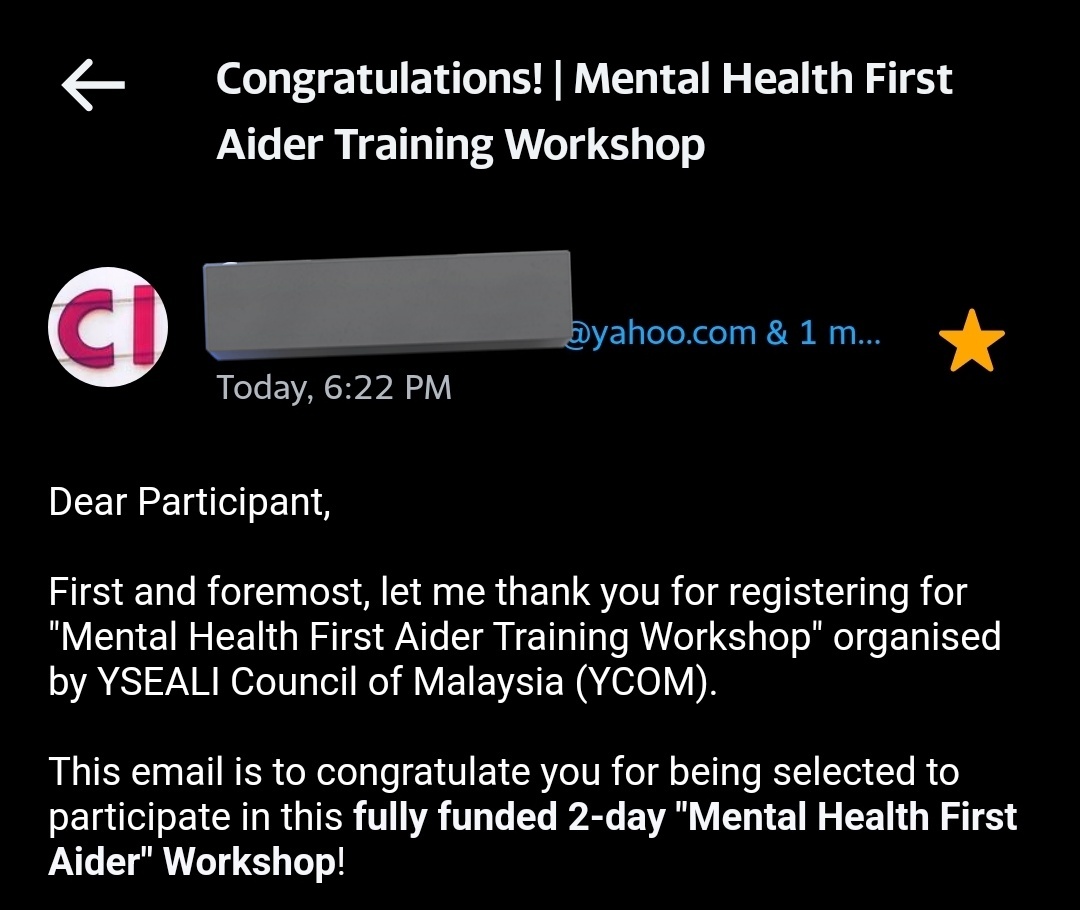 getnurut's tweet photo. A friend told me to apply for the Mental Health First Aider Workshop and tbh I applied hastily bcs I knew it would be beneficial for my line of work.

Short essays pun I typed on the dot masa dinner dengan Yasmin. Didn't expect I could get the opportunity. Alhamdulillah 🥹🤲🏽 https://t.co/G4wtQvM70s