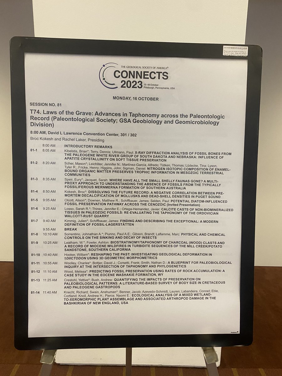 Hey #GSA2023,

Come to the spookiest session for spooky season this morning 🎃👻💀. T74: LAWS OF THE GRAVE has all the latest advances in taphonomy from bones to shells and biominerals to biomolecules!

@geosociety @PaleoSoc