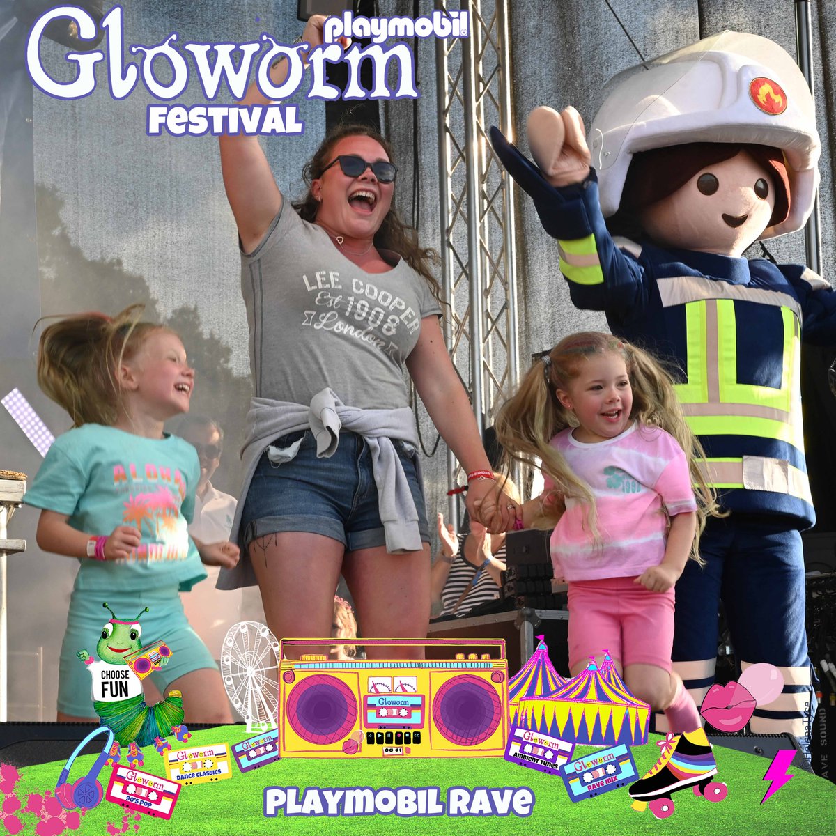 We are thrilled to announce that @PlaymobilUK are back as the headline sponsors of Gloworm for the 6th year! 🎉 Once again, They will be bringing their play village, designed to let your Glowormers imaginations run wild and the super popular Playmobil rave on both nights! 💃🏽🤩