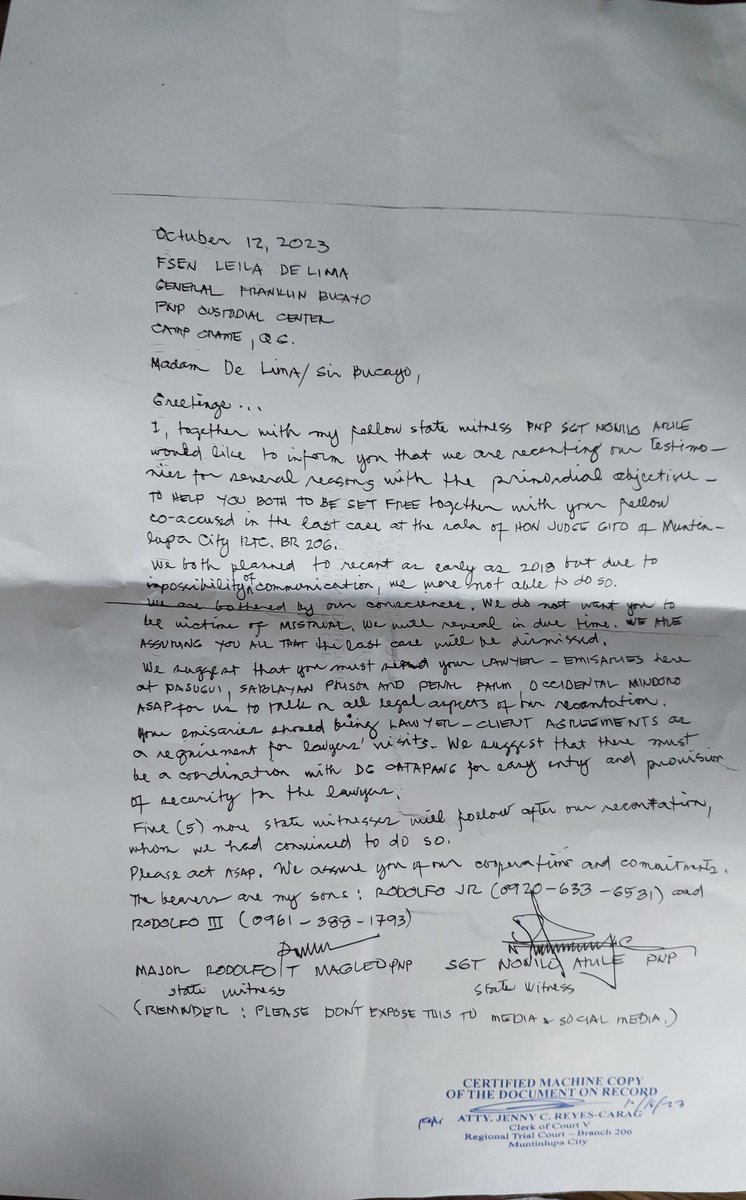 iamdinodeleon's tweet photo. 2 more witnesses of the Prosecution in Leila De Lima's cases recant right before the Court when 1 of them was called as witness. Magleo says his life is in danger. 

It is as clear as day: this is the greatest frame up in Philippine history. 

#FreeLeilaNow https://t.co/U2lrg7AnwQ