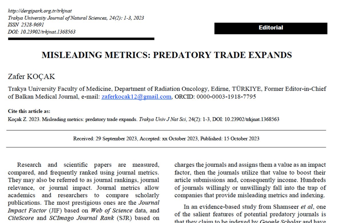 Predatory Journals and misleading metrics 
Yanıltıcı metrikler ve yağmacı dergilerhttps://dergipark.org.tr/tr/download/article-file/3443123
#journals #academics #predator #impactfactor