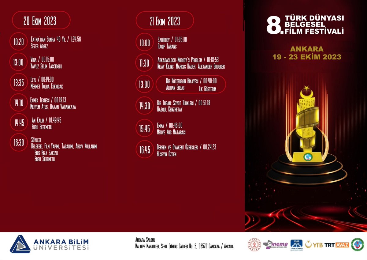 ATALARIN UYKUSU belgeselimiz 8. Türk Dünyası Belgesel Film Festivali kapsamında Ankara seyircisiyle buluşuyor. Festivalde ayrıca birbirinden değerli yönetmen arkadaşımın belgeselleri de gösterilecek. 

📌 Ankara Hacı Bayram Üniversitesi 
🗓️ 20 Ekim Cuma
⏰ 11:00