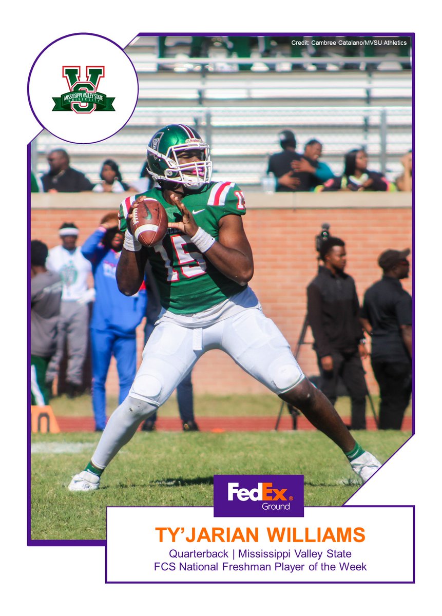 FedEx Ground FCS National Freshman Player of the Week Congratulations to Mississippi Valley State QB Ty'Jarian Williams. Story: tinyurl.com/34wt37z7 #TeamFedEx #Fed