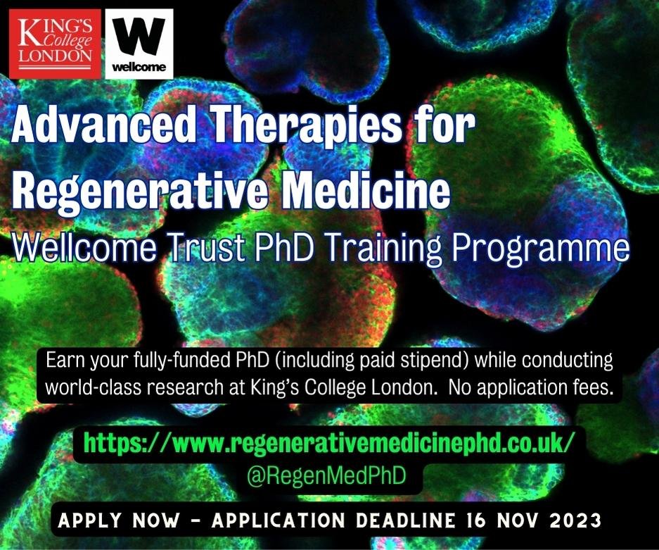 📣Applications to @WellcomeTrust #PhD programme in @RegenMedPhD are now open! DEADLINE 16 November 2023 We're looking for enthusiastic students interested in #Stemcells #Regenerativemedicine #DevBio #Immunology #Bioengineering #GeneTherapy 🧪🔬🧫 ➡️ regenerativemedicinephd.co.uk/apply