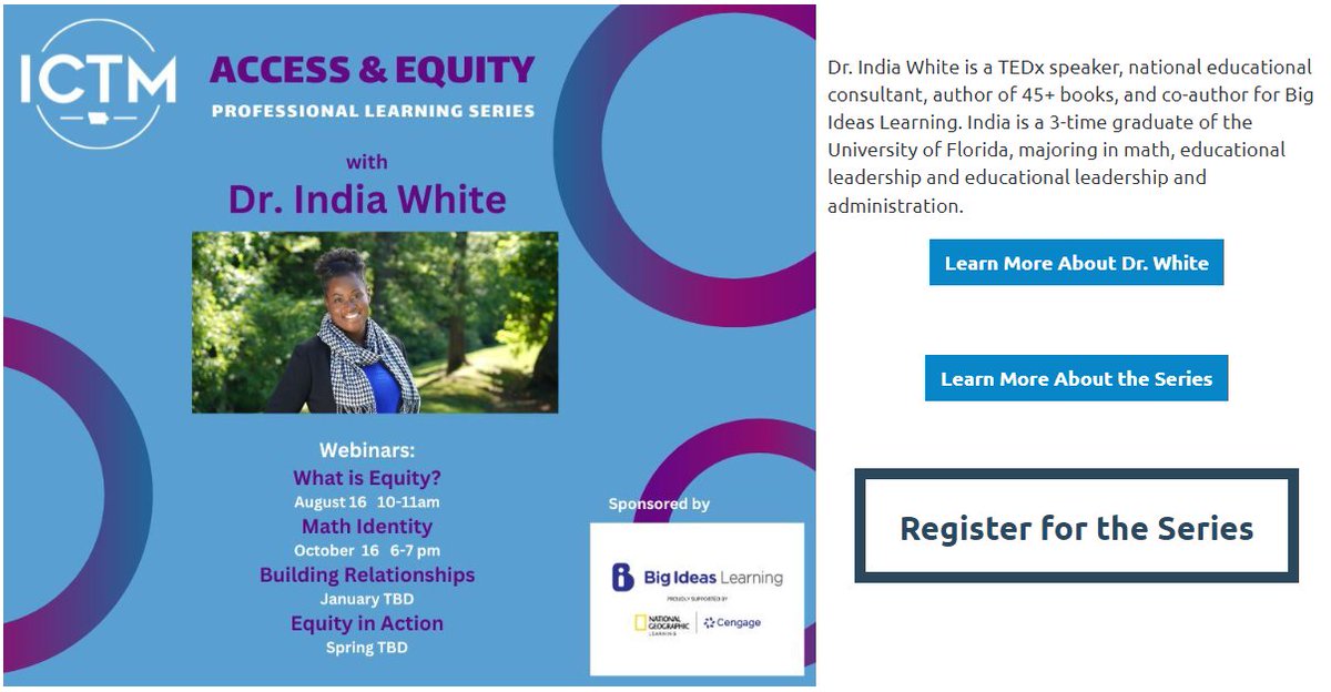 BigIdeasMath's tweet photo. Attention Iowa #math #educators! Join Big Ideas Learning author @Indispeaknteach @IWhiteBIL for the second installment of a four part @IowaMathTeach webinar series on #Access and #Equity! The presentation starts at 6:00 p.m. CST! 

Learn More &amp; Register: https://t.co/cwAq0EJFyz https://t.co/MBO63m4JNG