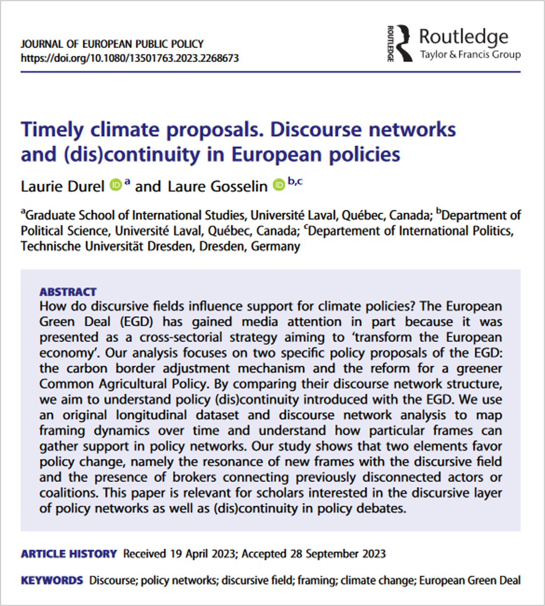 Many factors can affect the introduction of #ClimateChange #policies. In @jepp_journal, @DurelLaurie & @GosselinLaure report on their study of debates about the European Green Deal & show #InformationBrokers can be instrumental in advancing #PolicyChange doi.org/10.1080/135017…