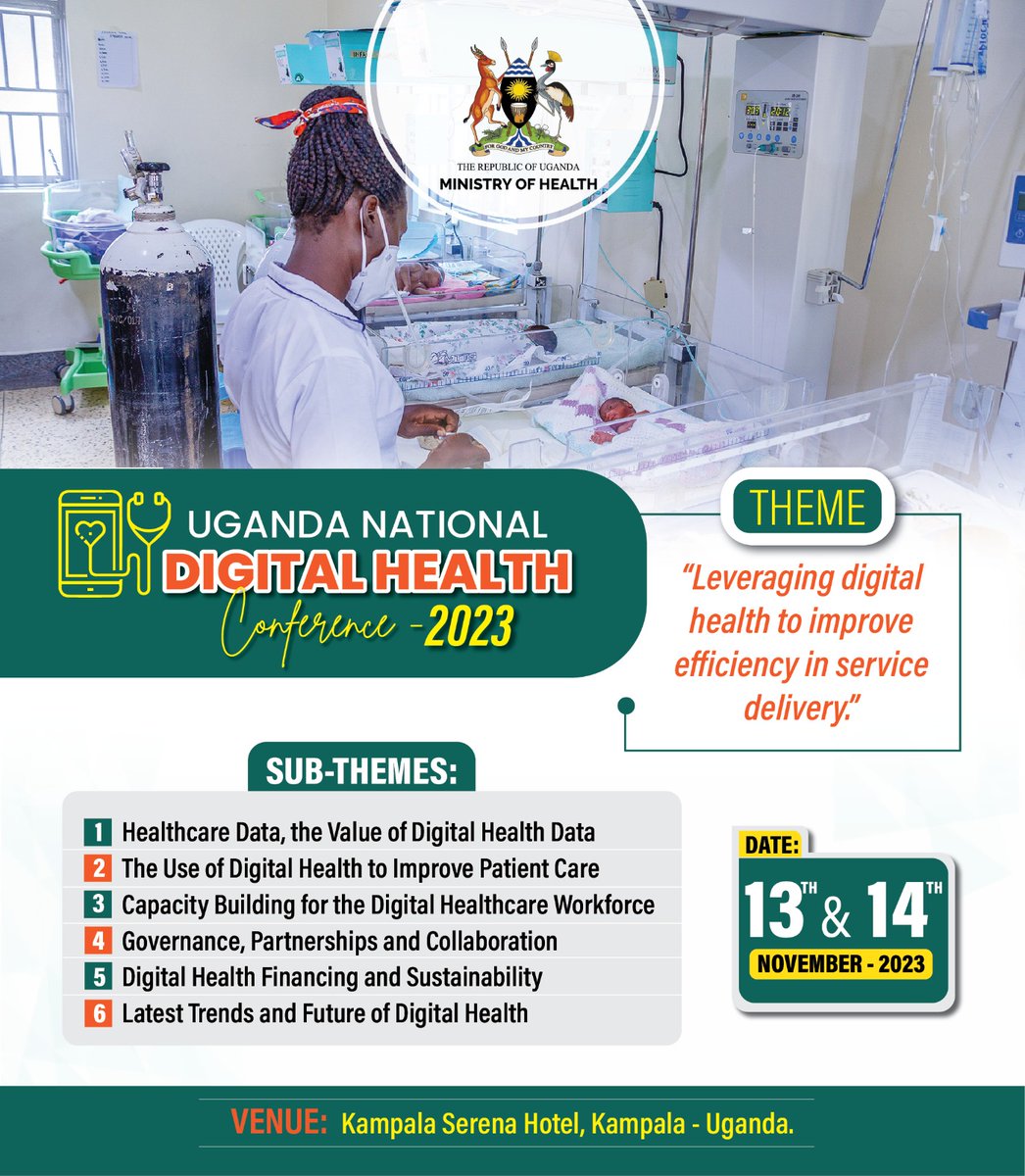 The 2023 Uganda National Digital Health Conference will take place under the theme 'Leveraging digital health to improve efficiency in service delivery'

Abstracts can be submitted via docs.google.com/forms/d/e/1FAI… before 25 October 2023.
#MOHWorks