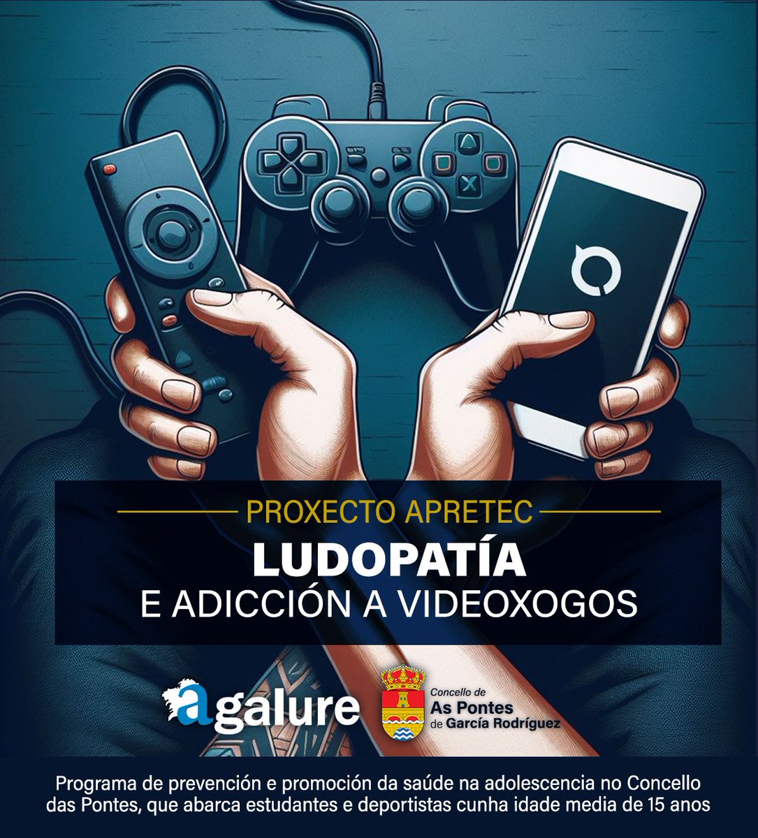 agalure's tweet photo. 🚀 Novo proxecto en marcha!
✍ O Concello de As Pontes pon en marcha #APRETEC, un programa dirixidos ós seus adolescentes de #prevención á #ludopatía e á #adicción ós videoxogos.
🤝 Se ti ou calquera do teu entorno precisa axuda, non dubides en consultarnos!
📞 981 289 340 https://t.co/uEHEF7QwOi