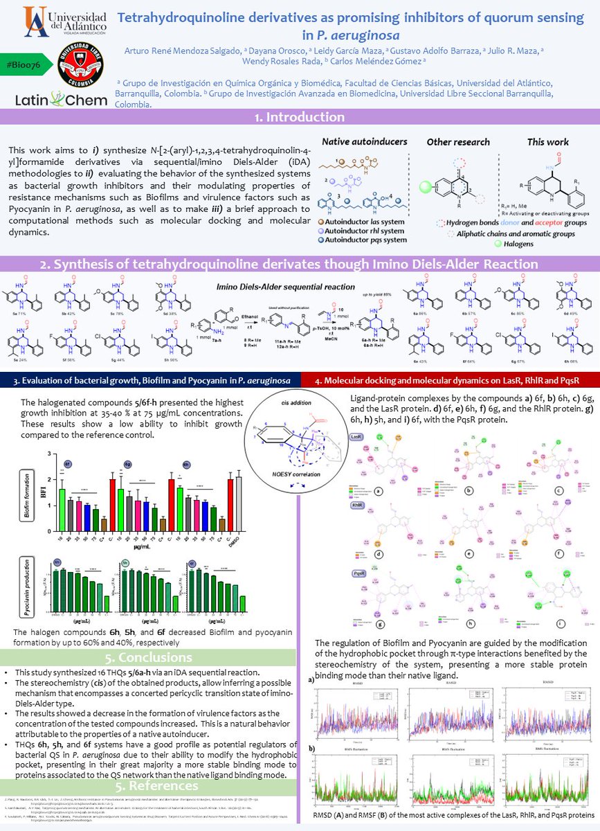 Hi @LatinXChem, this is my work ‘Tetrahydroquinoline derivatives as promising inhibitors of quorum sensing in P. aeruginosa’, #LatinXChem23 #LXChemBio #Bio076 #QuoumSensing #MedicinalChemistry #Synthesis #LXChemBio #MolecularDynamics #BacterialResistance #Heterocycles
#Biofilm