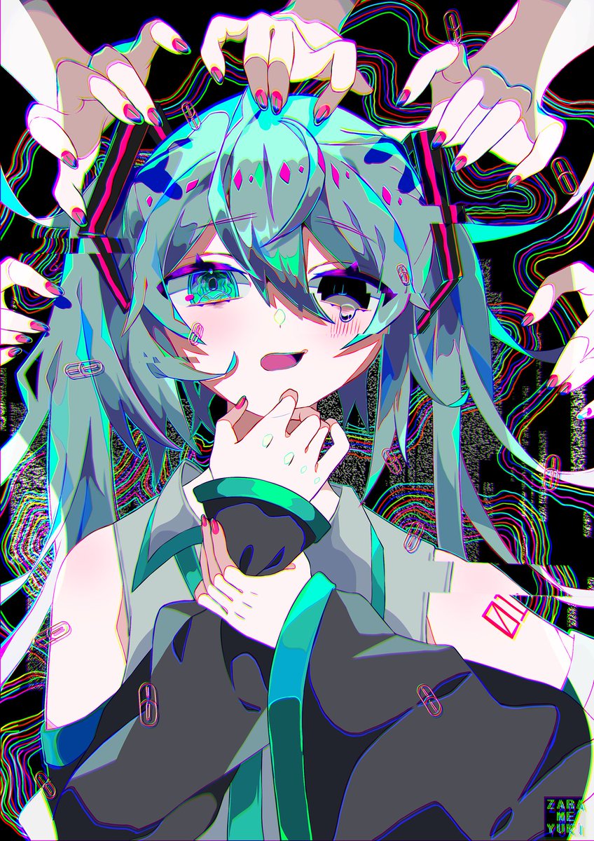 hatsune miku twintails 1girl detached sleeves long hair heterochromia nail polish upper body  illustration images