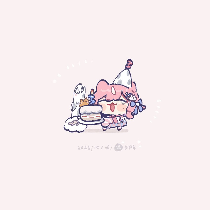 1girl cake pink hair food chibi hat animal ears  illustration images