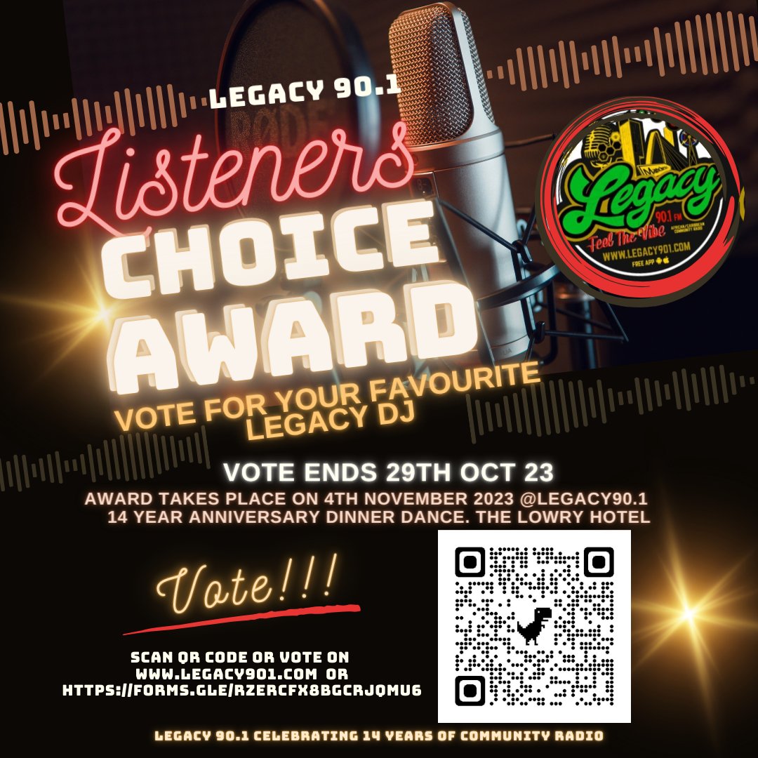 Legacy901FM's tweet image. Vote for your favourite DJ - we&apos;re giving an award to the winning DJ at our Legacy 90.1FM 14th anniversary dinner dance on 4th November at the Lowry.

Cast your vote by clicking on the QR code or use this link forms.gle/RZErcfx8bgcRJQ…