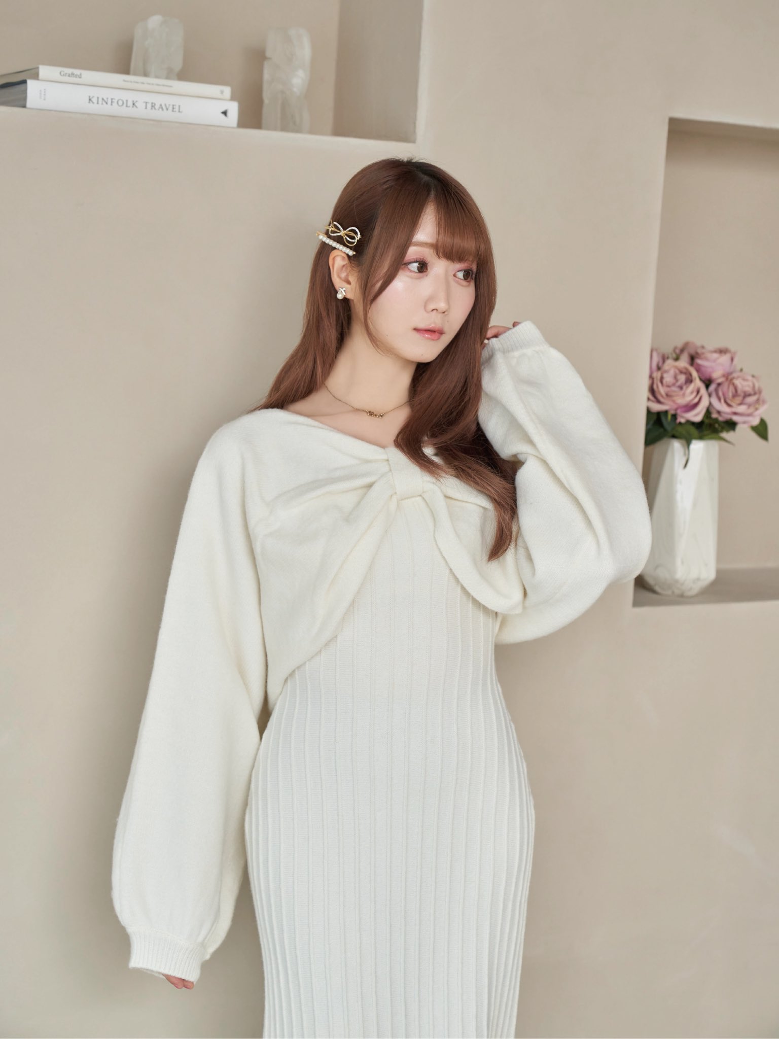 ワンピース RoseMuse ribbon knit&cami o/p set ivory 2way off-shoulder dress【pink】 – BUNNY APARTMENT