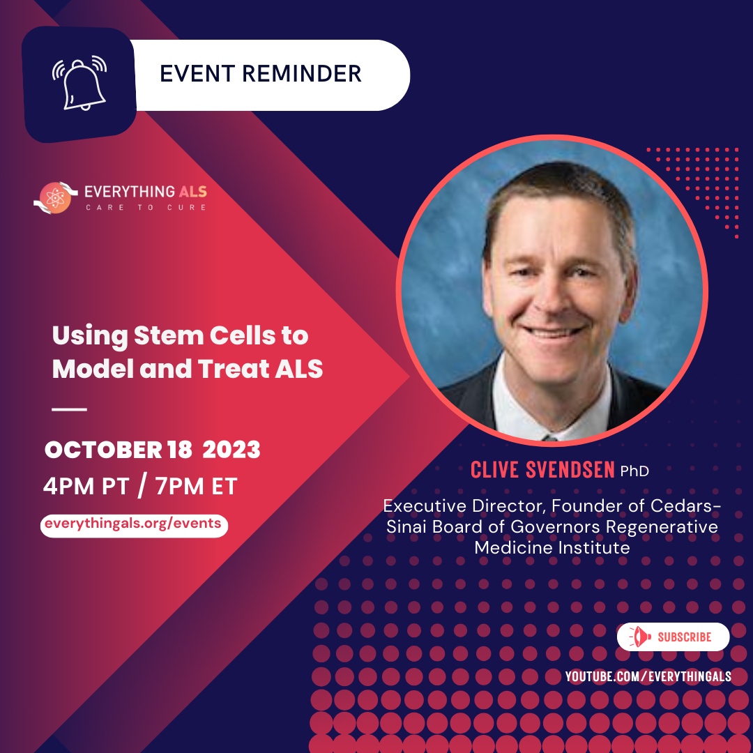 everything_als's tweet photo. We are excited for our next #ALSExpertTalks with Dr. Clive Svendsen
October 18th 2023,(4 PM PT | 7 PM ET )
Register: https://t.co/4IgULUega3
Hope to see you there!
#ALS#ALSTalk#EverythingALS https://t.co/oOjMYpdLtj