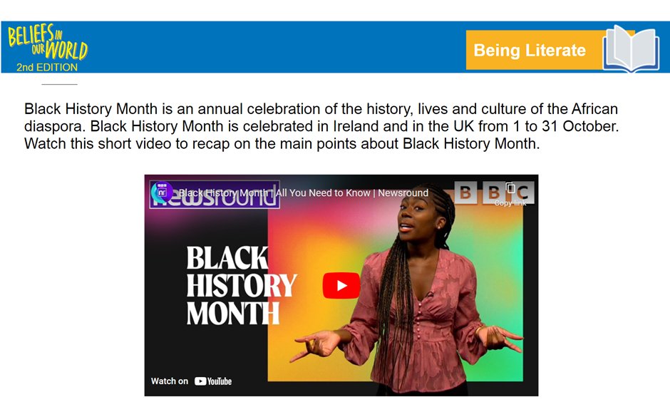 paulafinnegan14's tweet photo. October is Black History Month and #BeliefsInOurWorld 2nd ed has some lovely interactive material for you to incorporate #BlackHistoryMonth into your RE classes for the remainder of the month. Some nice CBA ideas in here too! All available on #GillExplore @GillEducation @GCY30 https://t.co/6lwlUhDZqW
