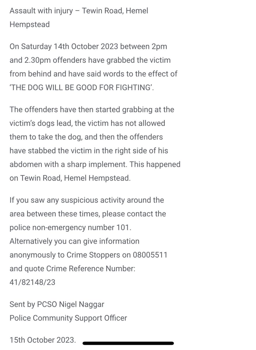 Man stabbed in attempted dog theft - Hertfordshire Police appeal for information #PetTheftReform #DogAbduction #HemelHempstead