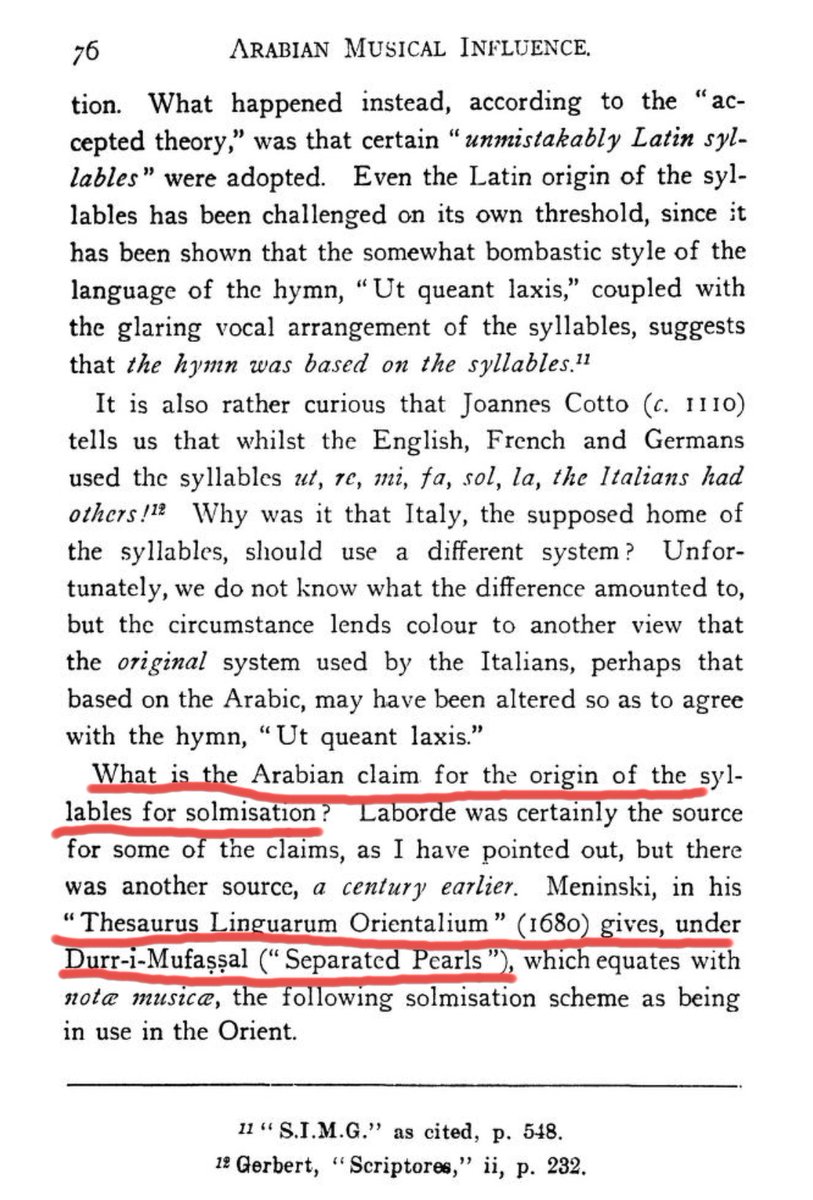 H.G.ファーマーによって1930年に書かれた 'Historical Facts for the Arabian Musical Influence'で、西洋のソルミゼーションの起源を論じて、イスラムからの流入ではないかという説を提示している部分。