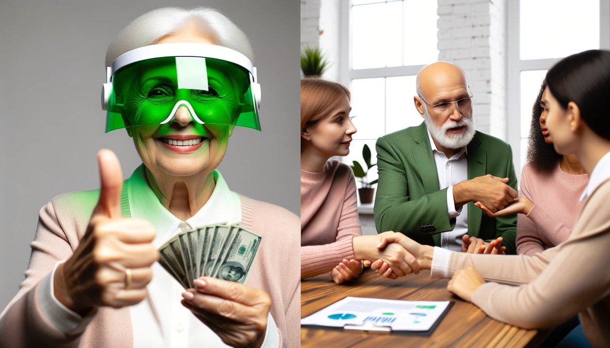 MotiveSpectre's tweet photo. @GazeWindward Prompt: "Janet Yellen with a green transparent visor on, throwing a quick thumbs-up into the hallway as Joe Biden reassures the anxious creditors that the war is totally affordable we can definitely pay for two forever wars at once." https://t.co/st7jvRXFeg