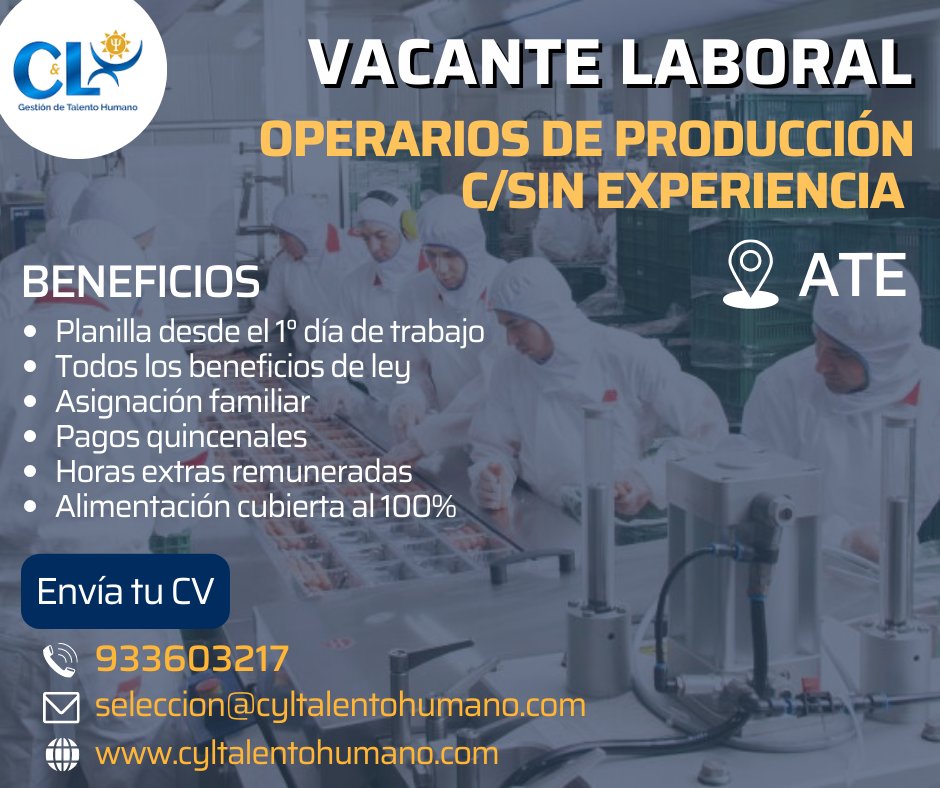 ConsultoraCyL's tweet photo. Nueva convocatoria para #Ate  🧐 ¿Interesado? Llena el formulario 🔗https://t.co/NZ1CiX2d50  Info: WhatsApp
📱961866531
Correo: 📨reclutamientocylgestion@gmail.com
#Ate  #Trabajo  #chambasihay  #Chamba  #chambaeschamba  #empleoperu  #trabajoperu #ChambaParaTi  #trabajoenperu https://t.co/rJ8D5YDBev