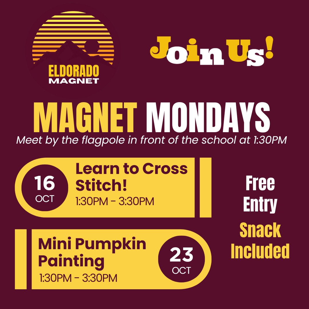 Happy #MagnetMonday! Hope to see magnet students representing all four majors at our cross stitch workshop after school. Everyone gets their own kit to stitch their initials. Meet by the flagpole after school. See you then! @EHS_SparkyPride