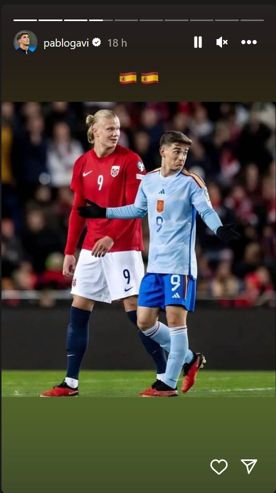 Ghanaballers's tweet photo. Erling Haaland appeared to be mocked by Barca youngster Gavi on Sunday after Norway lost to Spain in the Euro 2024 qualifiers

Gavi posted a picture of himself on Instagram, appearing to shrug his shoulders, alongside the Man City star with a caption that included 2 Spain flags https://t.co/f3JffLoZdf
