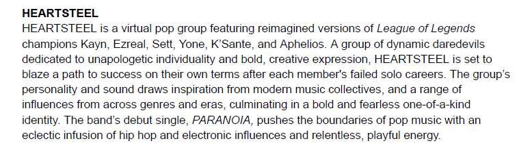 JumaraloHexCore's tweet photo. HEARTSTEEL Info - Riot Games Media Center

Fans can watch the “PARANOIA” music video on YouTube or listen to the track on all major listening platforms starting on Monday, October 23 at 8:00AM PT. https://t.co/cNqSh9Jzvi