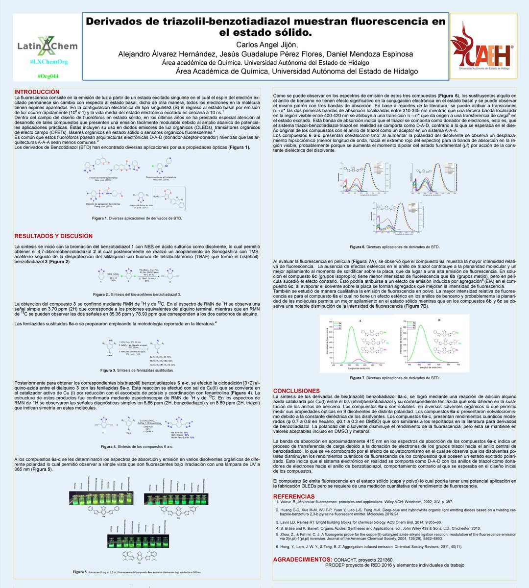 Hola <a href="/LatinXChem/">LatinXChem</a>. Mi nombre es Carlos Ángel  Jijón, orgullosamente les presento mi trabajo; "Derivados de triazolil-bentozotiadiazol muestran fluorescencia en el estado sólido". #Latinchem23  #LatinXChemOrg  #Org044 #Fluorescence #benzotiadiazoles