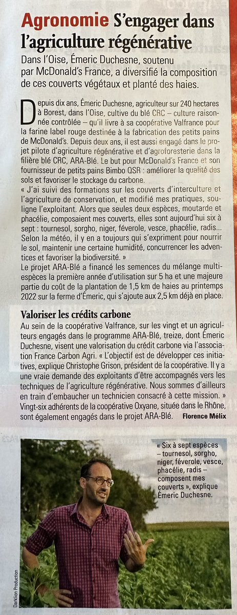 agritof60's tweet image. Très bon article @FranceAgricole @valfrancecoop @McDoFr_Newsroom @drimeric sur l’engagement de l’agriculture regenerative 🇫🇷 @lacoopagricole @Metiersdugrain @AGPB_Cerealiers @laurent_Vtz @Agridemain @Fragritwittos @MFesneau @Arvalisofficiel @ChouetteAgile @AcademieAgri