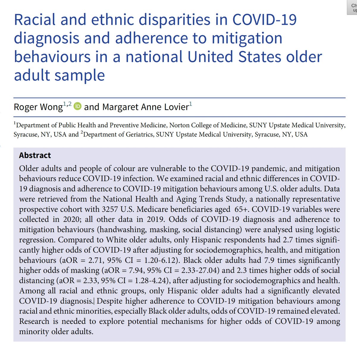 RogerWongPhD's tweet photo. Racial and ethnic disparities are present in #COVID diagnosis and adherence to mitigation behaviors (handwashing, masking, social distancing) for older adults. Read for free in my new paper with an @UpstateDPHPM MPH-MD student: https://t.co/CGZ6eOEwdw [1/3] https://t.co/05yYwU9cbo