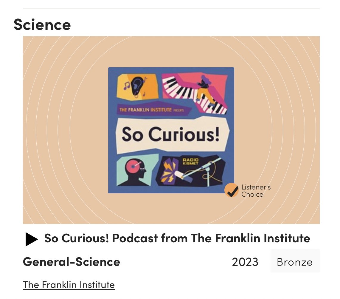 RADIOKISMET (@radlokismet) on Twitter photo Huge thanks to <a href="/signalawards/">Signal Awards</a> and the fans who voted for us!
So Curious! took home the Listener’s Choice AND the Bronze Award for Science podcast.
Our time creating this show with <a href="/TheFranklin/">The Franklin Institute</a> was so rewarding and fun.
🏅⭐️🥇 Huge thanks to <a href="/signalawards/">Signal Awards</a> and the fans who voted for us!
So Curious! took home the Listener’s Choice AND the Bronze Award for Science podcast.
Our time creating this show with <a href="/TheFranklin/">The Franklin Institute</a> was so rewarding and fun.
🏅⭐️🥇