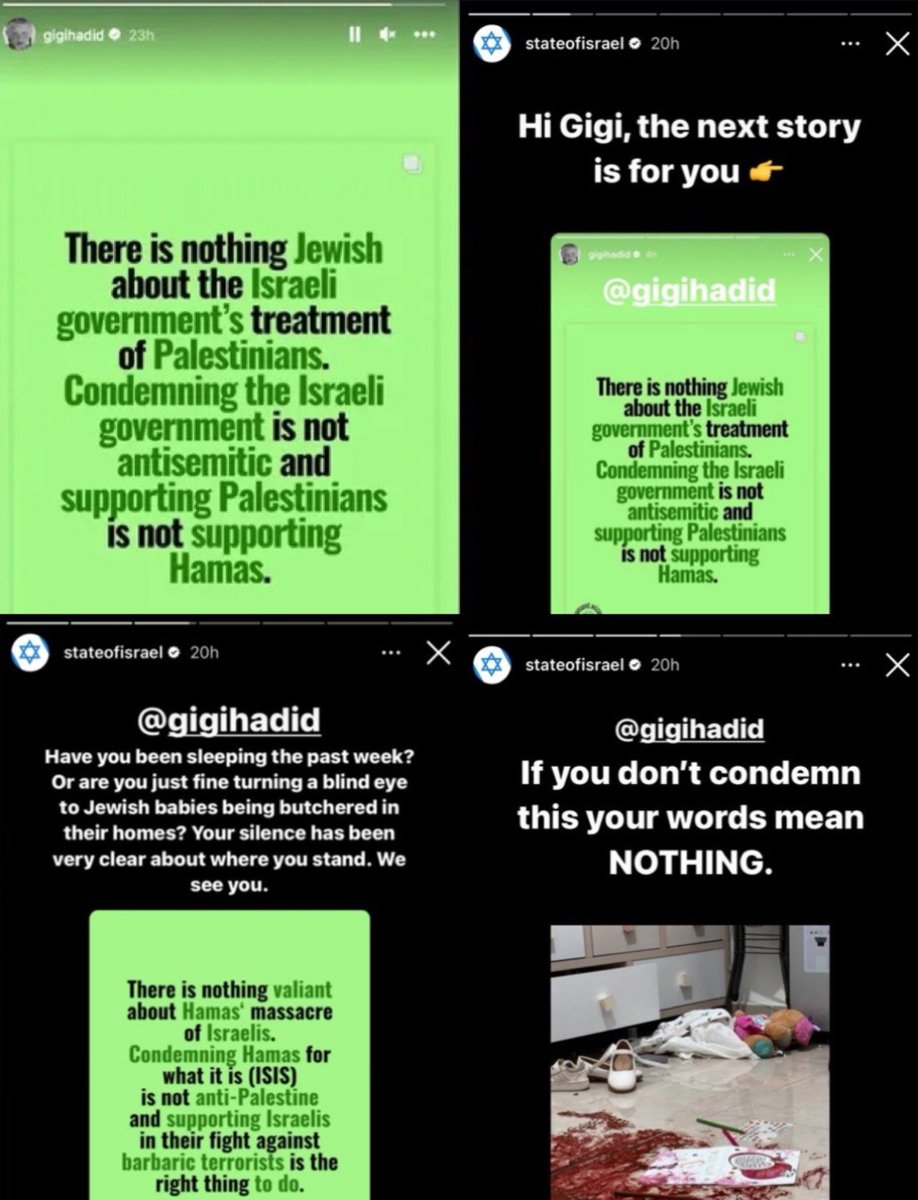الحساب الرسمي لحكومة اسرائيل يهاجم جيجي حديد:

هل كنتِ نائمة طوال الأسبوع؟ أو أن تتجاهلين عمدًا مقتل الأطفال اليهود في منازلهم؟