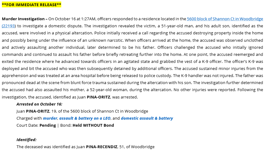 PWCPolice's tweet photo. *FOR IMMEDIATE RELEASE: #PWCPD detectives have charged a 19-year-old man in connection to the fatal beating death of his father following an altercation that occurred at a home in the 5600 block of Shannon Ct in Woodbridge on Oct. 16 at approx. 1:27am. More info; https://t.co/nEzqW72F2m