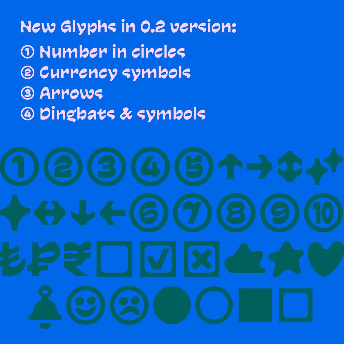futurefonts's tweet photo. ✨UPDATE✨ Waverse v0.2 by @typeji. This update brings us dingbats, circled figures, arrows, and more symbols! The next swell is forecast to bring more styles! 

https://t.co/hXqoKZEAGK https://t.co/2BPQlmDWeU