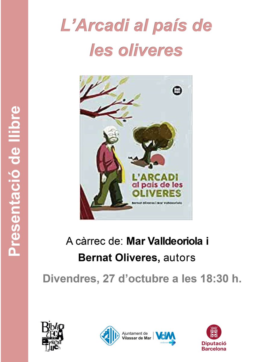 Hi tornem! Ens agrada que l’Arcadi al país de les oliveres faci camí i més que mai que creixin oliveres símbol de pau i tantes esperances. 
Aquest cop el presentem a la biblioteca Ernest Lluch de Vilassar (@Biblioteca_VdM).
🗓 27 d’octubre
⏱ 18.30 h
Hi vindreu? 

👇🏻👇🏻