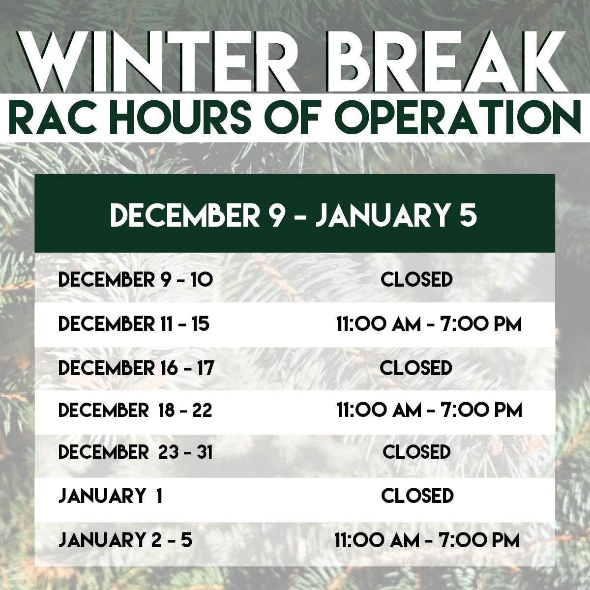 Hey Eagles, our Fall Hours for the RAC end today and we will be transitioning over to our Winter Break Hours! We will be operating on limited hours until Spring classes start on January 8th! For a full list of hours, check out cri.gs/hours! #RACLife