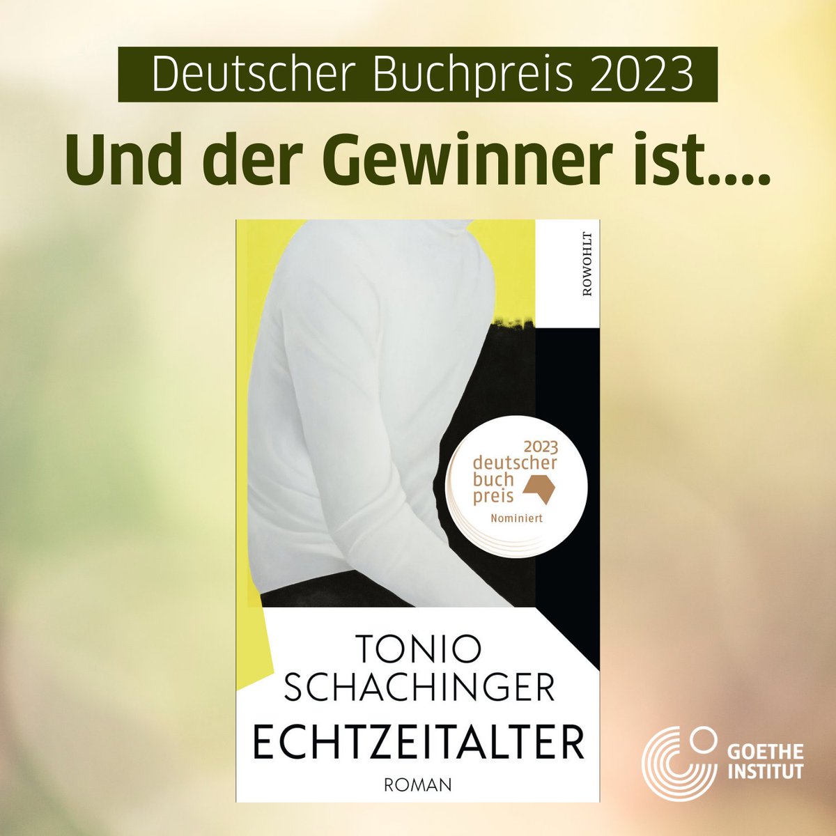 GI_Tschechien's tweet photo. Jeden z největších 🇩🇪🇦🇹🇨🇭 literárních svátků právě teď došel svého vrcholu: Držitelem @Buchpreis, tedy Německé knižní ceny 2023, byl vyhlášen román Echtzeitalter 🇦🇹 spisovatele Tonio Schachingera.
#Buchpreis #Schachinger https://t.co/yaZMftpQZj