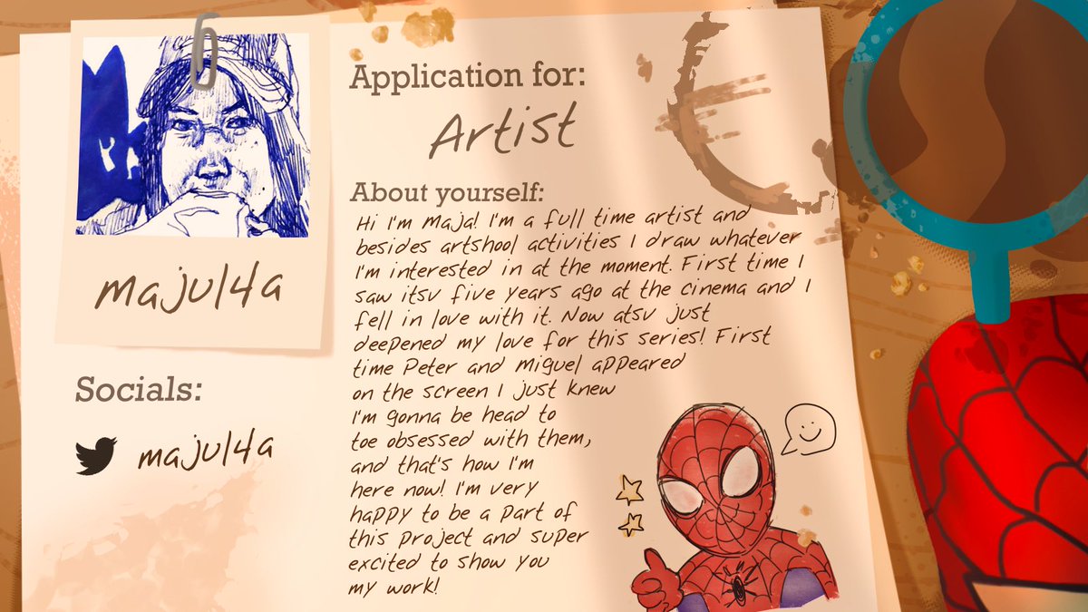 💙Contributor Intro❤️

Hey Hey! Look who's here! <a href="/majul4a/">maja</a> joins the zine! Her work is already looking amazing, let us tell you👀💙

#spiderdads #papasaranaszine #MiguelOHara #PeterBParker