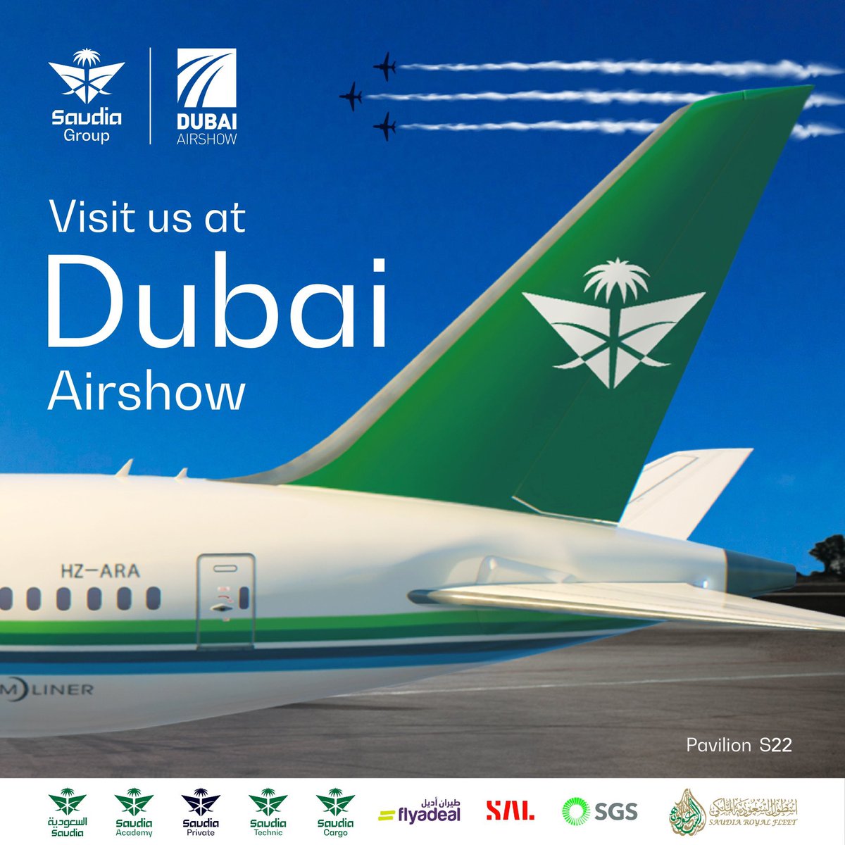 SAviation_ENG's tweet photo. The Saudia Group, with its new identity and era, is participating in the Dubai Airshow from November 13 to 17 2023 with two aircraft: 💚✈️

- #Saudia
Boeing B787-10 with the retro livery.

- #Flyadeal Airlines
Airbus A320. https://t.co/16K79PrWeK