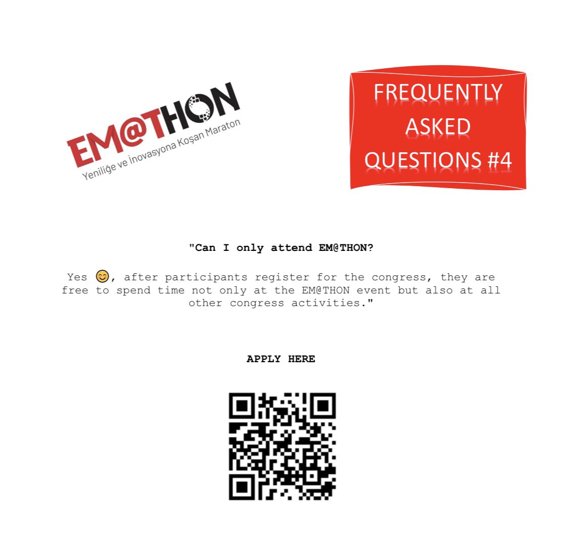 Sıkça Sorulan Sorular (FAQ) 4

Sadece EM@THON’a katılabilir miyim?

Can I only attend EM@THON?

Ayrıntılar için 👉🏻 eacem.org
Details 👉🏻 eacem.org/en

#EACEM2023 #AcilHayattır #EmergencyIsLife #sympocus #TATDUS <a href="/tatdkongre/">TATD KONGRE</a>
<a href="/tatdus/">Илдус Айсин</a> <a href="/TrTATD/">Türkiye Acil Tıp Derneği - TATD (EMAT)</a>