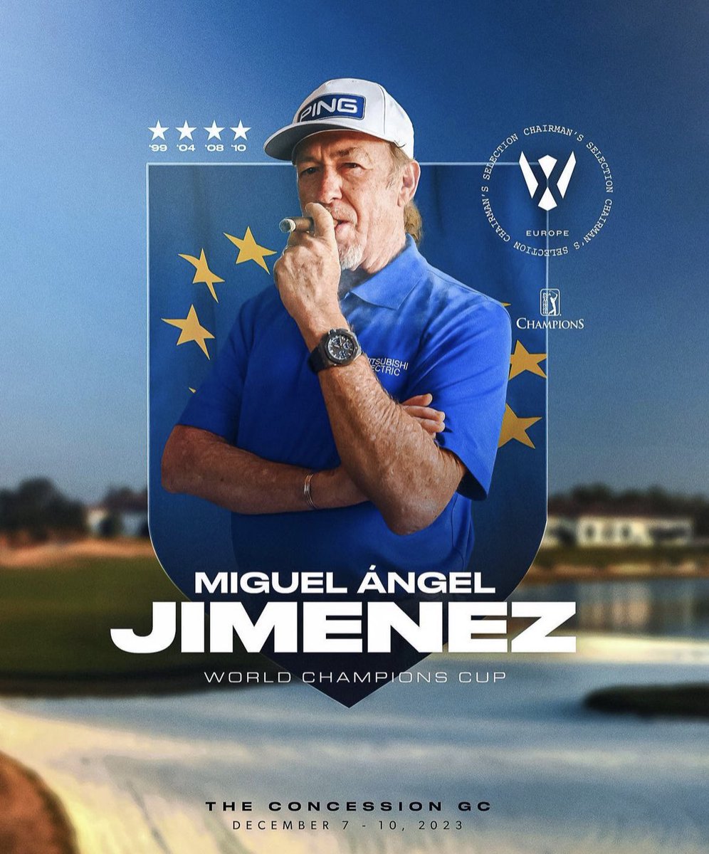 Miguel Angel Jimenez (@majimenez1964) on Twitter photo Great to be selected for the European Team at the first <a href="/WorldChampsCup/">World Champions Cup</a> in December. As always I’ll be very proud to represent Europe and excited to compete in this new event. <a href="/ChampionsTour/">PGA TOUR Champions</a> Great to be selected for the European Team at the first <a href="/WorldChampsCup/">World Champions Cup</a> in December. As always I’ll be very proud to represent Europe and excited to compete in this new event. <a href="/ChampionsTour/">PGA TOUR Champions</a>