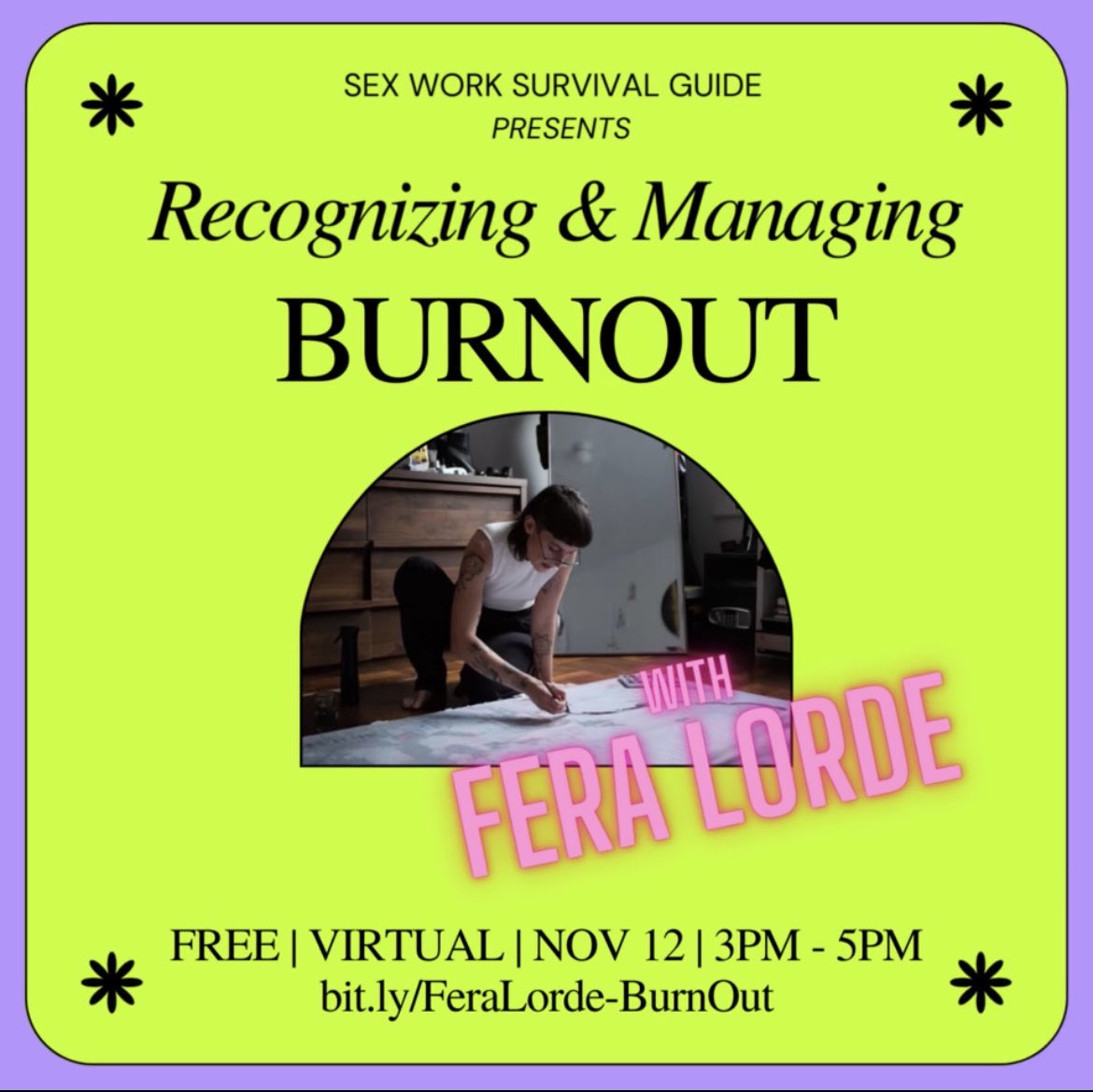 Burned out? How do you get out of burn out mode & stay on the grind? @FeraLorde is chatting with us on 11/12 about recognizing and managing burn out. Join us - @thedommekat @Glittersaurus69 @drashdark and @mollybsimmons - for a free online Speaker Series! https://t.co/4Ad2p2ikUp https://t.co/3H2Ta3wrvP
