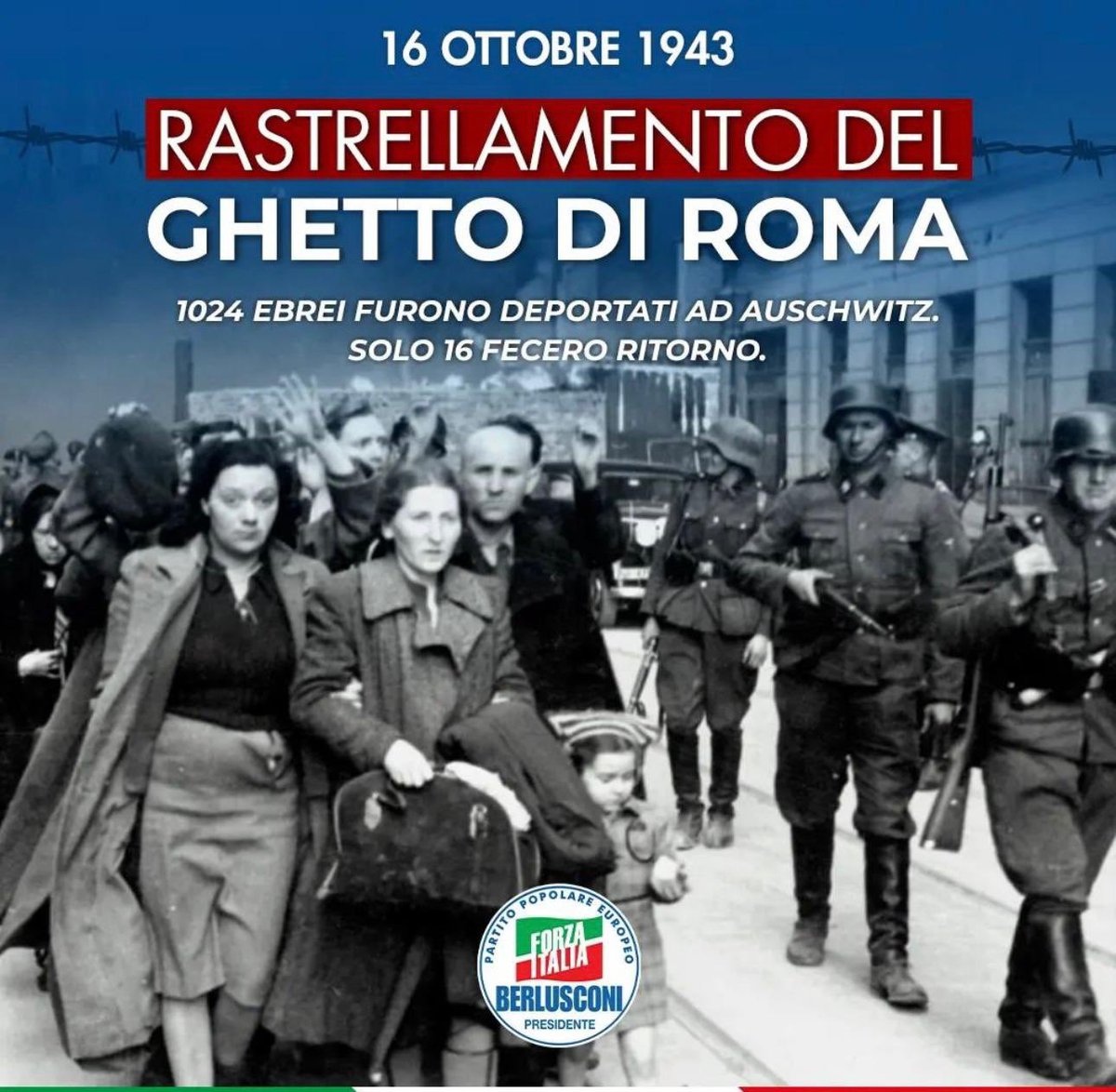 #16Ottobre1943

1.022 ebrei romani furono arrestati e deportati ad Auschwitz. Di essi, solo 16 tornarono. 
In questo giorno, la loro memoria ci impone una riflessione profonda e un rinnovato impegno a costruire una società dove l'odio e l'intolleranza NON trovino posto.