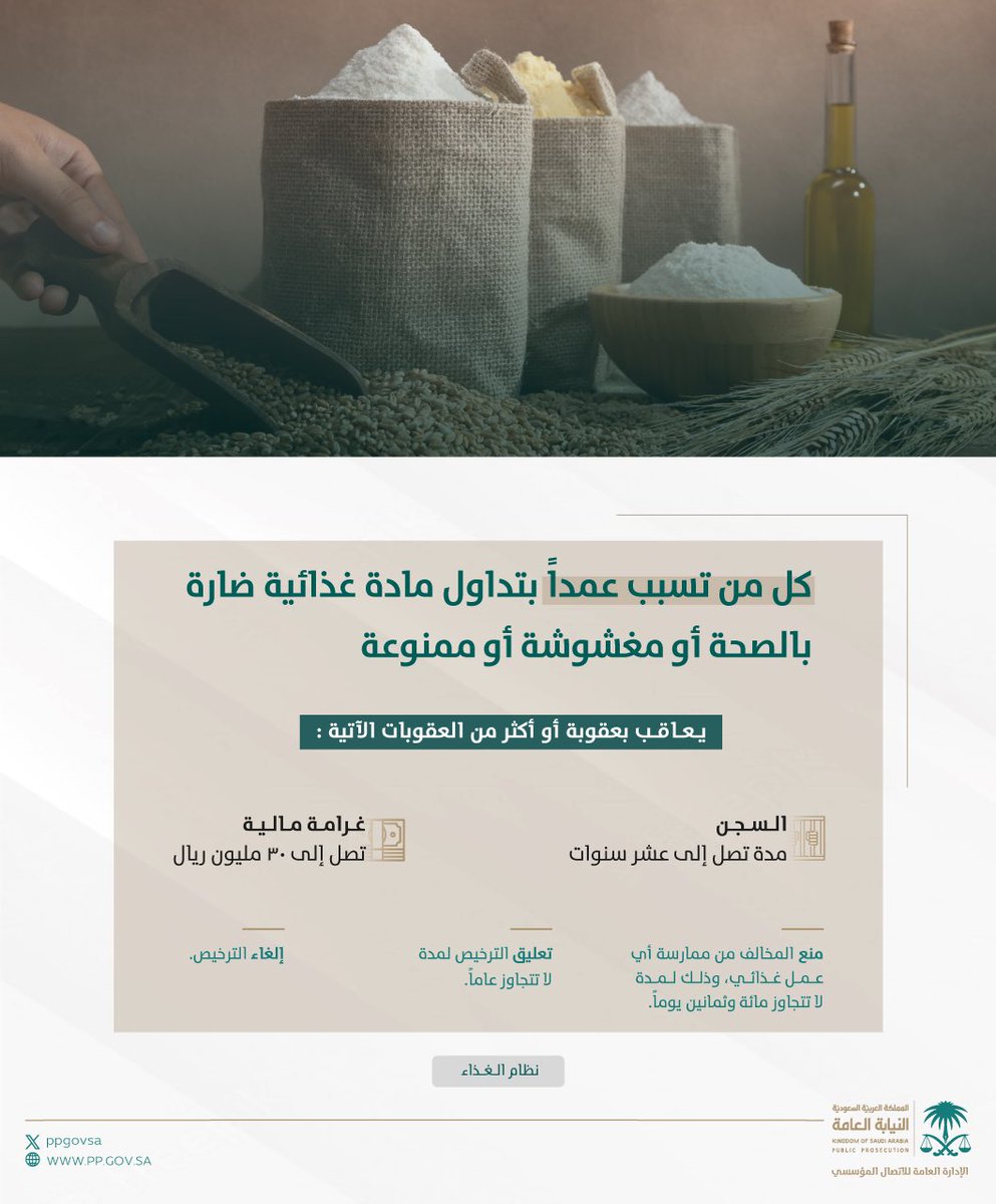 ppgovsa's tweet image. الغذاء: كل ما هو معد للاستهلاك الآدمي، سواء أكان خاماً، أم طازجاً، أم مصنعاً، أم شبه مصنع. ويعد في حكم الغذاء أي مادة تدخل في تصنيع الغذاء أو تحضيره أو معالجته.
وسلامة الغذاء: هي مأمونيته وخلوه من أي مصدر خطر أو مضر خلال مراحل السلسلة الغذائية إلى أن يصل إلى المستهلك.…