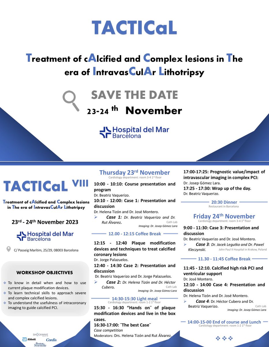 Héctor Cubero Gallego (@hcuberogallego) on Twitter photo Don't miss the new edition of the TACTICaL course on the treatment of calcified coronary lesions at <a href="/hospitaldelmar/">Hospital del Mar</a> on November 23-24 with live cases and case competition Don't miss the new edition of the TACTICaL course on the treatment of calcified coronary lesions at <a href="/hospitaldelmar/">Hospital del Mar</a> on November 23-24 with live cases and case competition