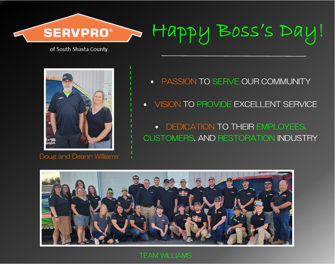 Happy National Boss's Day to the people behind our #greenteam, Doug and Deann Williams!  You two are seriously the BEST!
Thank you for all that you do for our SERVPRO family!    We wouldn't be here without you!
#SERVPRO #NationalBossDay #servproofsouthshastacounty #teamwilliams