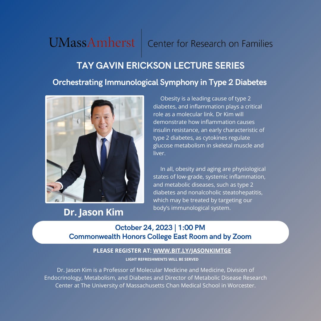 We are excited to announce this upcoming Tay Gavin Erickson Lecture about Orchestrating Immunological Symphony in Type 2 Diabetes by Dr. Jason Kim! The lecture is taking place in the Honors College East Room, as well as on Zoom, on October 24th at 1pm. Hope to see you there!